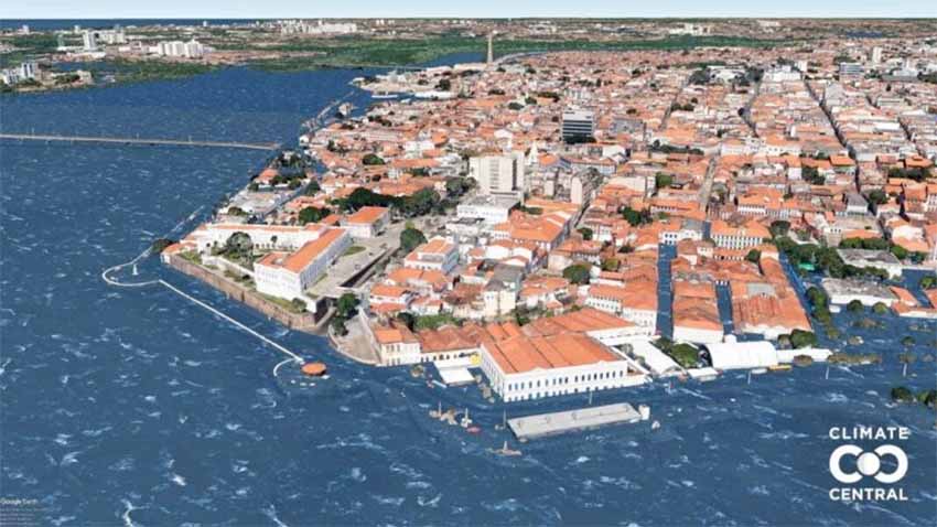 Imagem da Climate Central simula São Luís sendo inundada com aumento do nível do mar